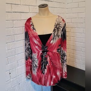 Banabee Floral Knot-Front Tunic Top - Red, Black, & White - Size 2XL